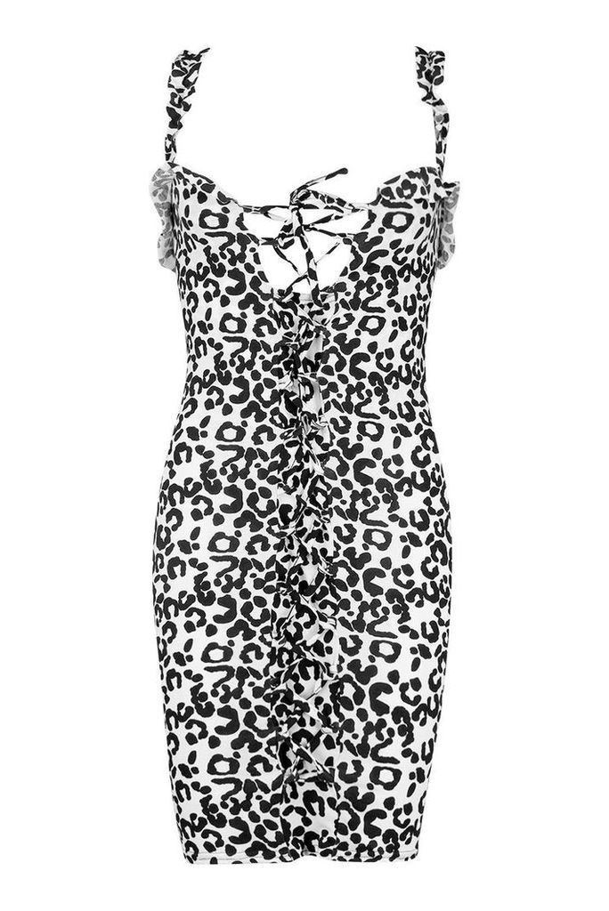 Womens Ruffle Leopard Lace Up Mini Dress - white - 6, White
