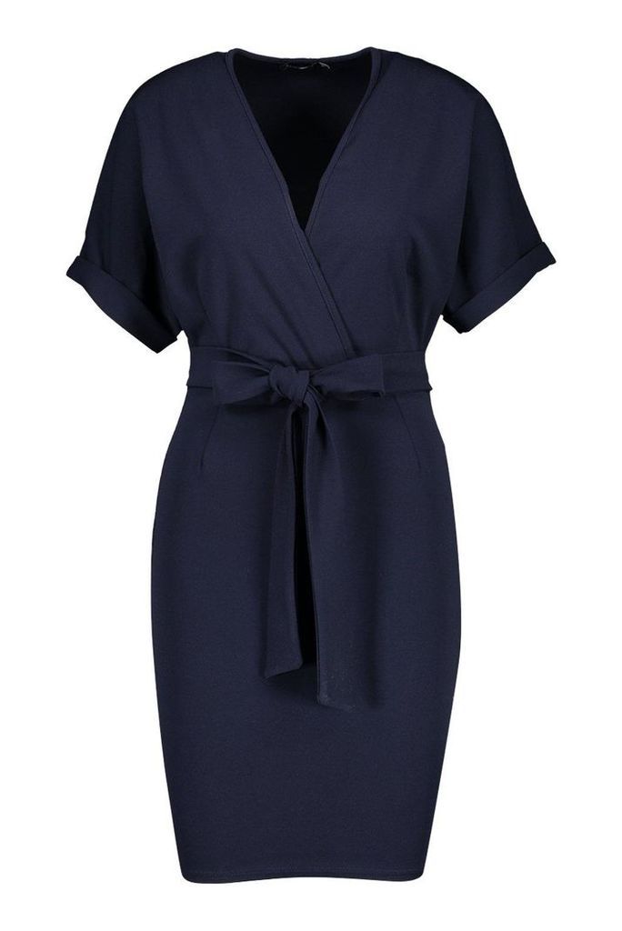 Womens Wrap Over Belted Dress - navy - 10, Navy
