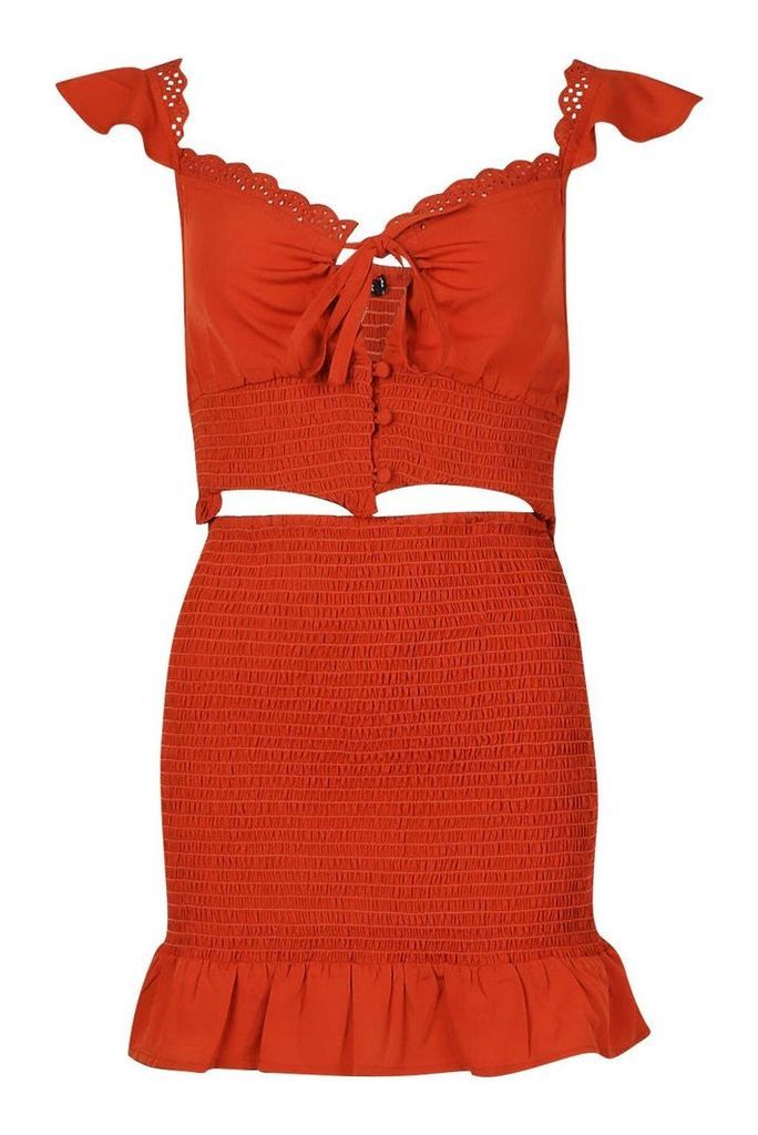 Womens Frill Detail Shirrred Top & Mini Skirt Co-Ord Set - Orange - 14, Orange