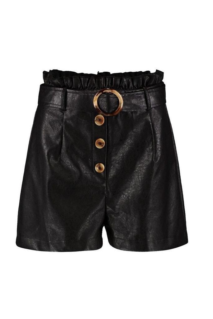 Womens Leather Look Paper Bag Belted Pocket Shorts - black - 10, Black
