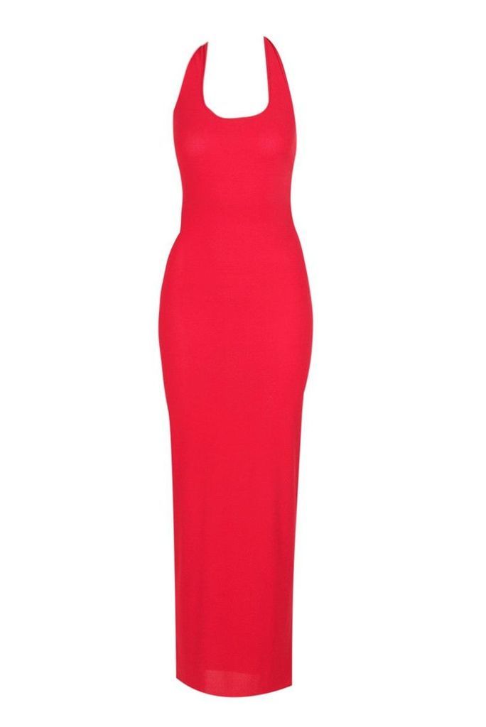 Womens Halterneck Plunge Jersey Maxi Dress - red - 14, Red