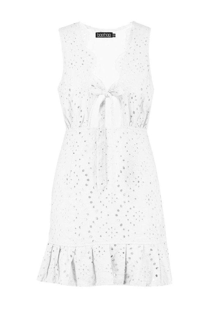 Womens Broderie Anglais Ruffle Hem Mini Dress - white - 12, White