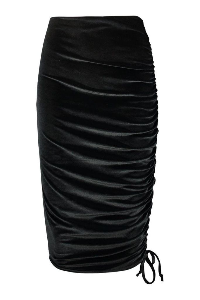 Womens Poppy Rouched Velvet Asymetric Midi Skirt - black - 12, Black