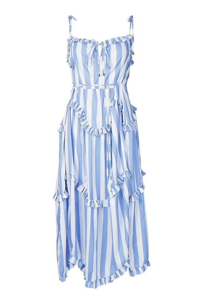 Womens Candy Stripe Ruffle Detail Smock Dress - blue - 14, Blue