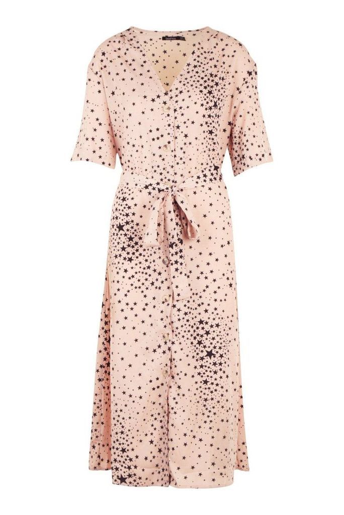 Womens Plus Star Print Button Detail Midi Dress - Pink - 22, Pink