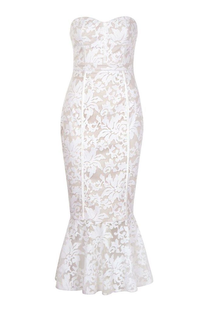 Womens Premium Lace Fishtail Midi Dress - white - 6, White