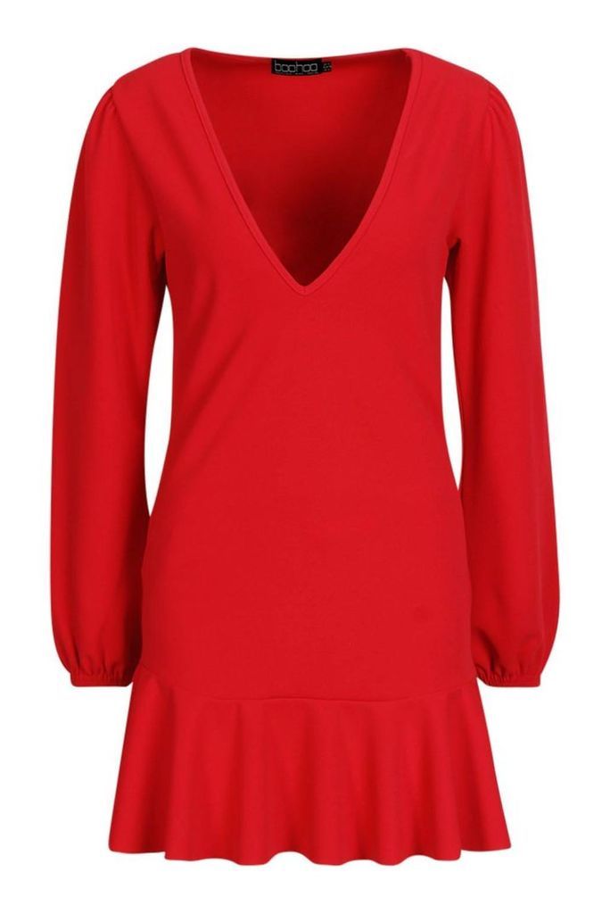 Womens Blouson Sleeve Flute Hem Shift Dress - red - 10, Red