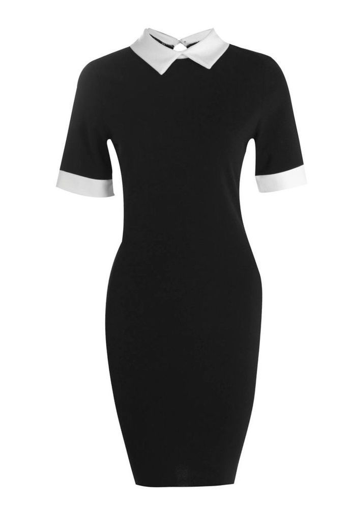 Womens Contrast Collar & Cuff Dress - black - 10, Black