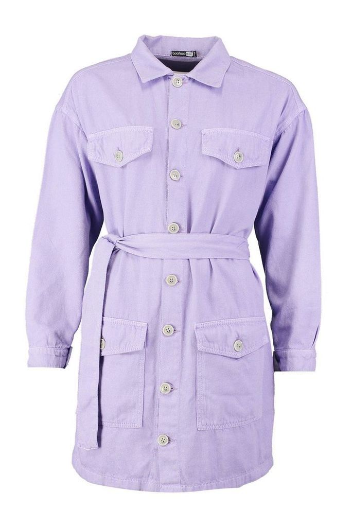 Womens Tie Waist Utility Pocket Denim Dress - purple - 10, Purple