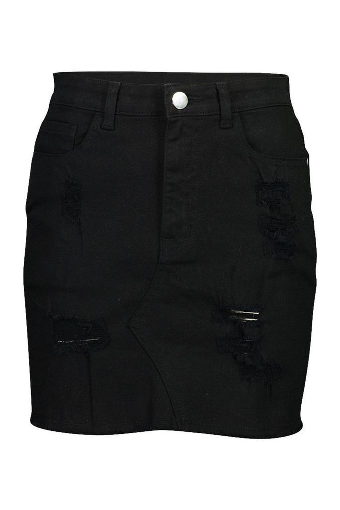 Womens Distressed Hem Stretch Denim Mini Skirt - black - 6, Black