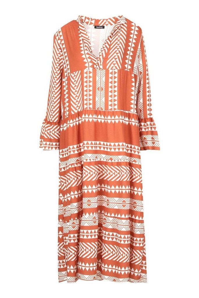 Womens Aztec Smock Maxi Dress - orange - S, Orange