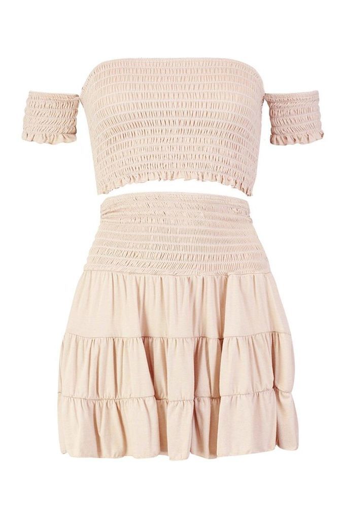 Womens Shirred Bardot Top & Ruffle Skirt Co-ord - beige - 14, Beige