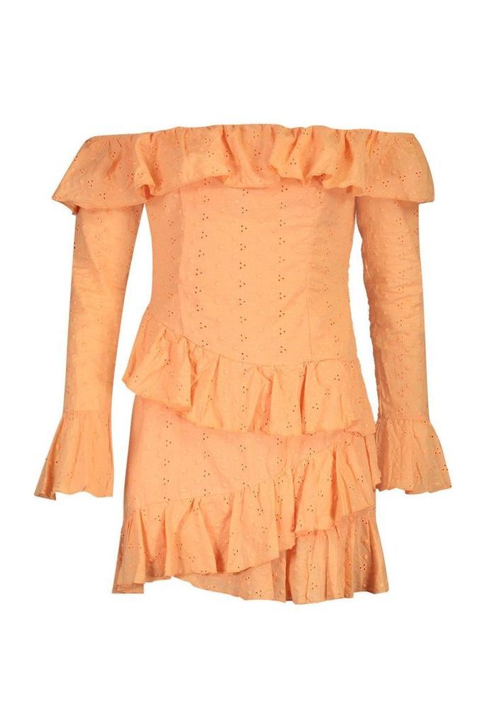 Womens Broderie Anglais Ruffle Off The Shoulder Mini Dress - orange - 12, Orange