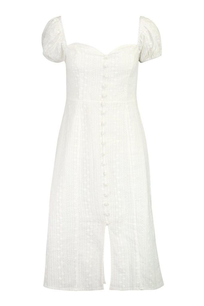 Womens Broderie Anglais Puff Sleeve Button Midi Dress - white - 12, White