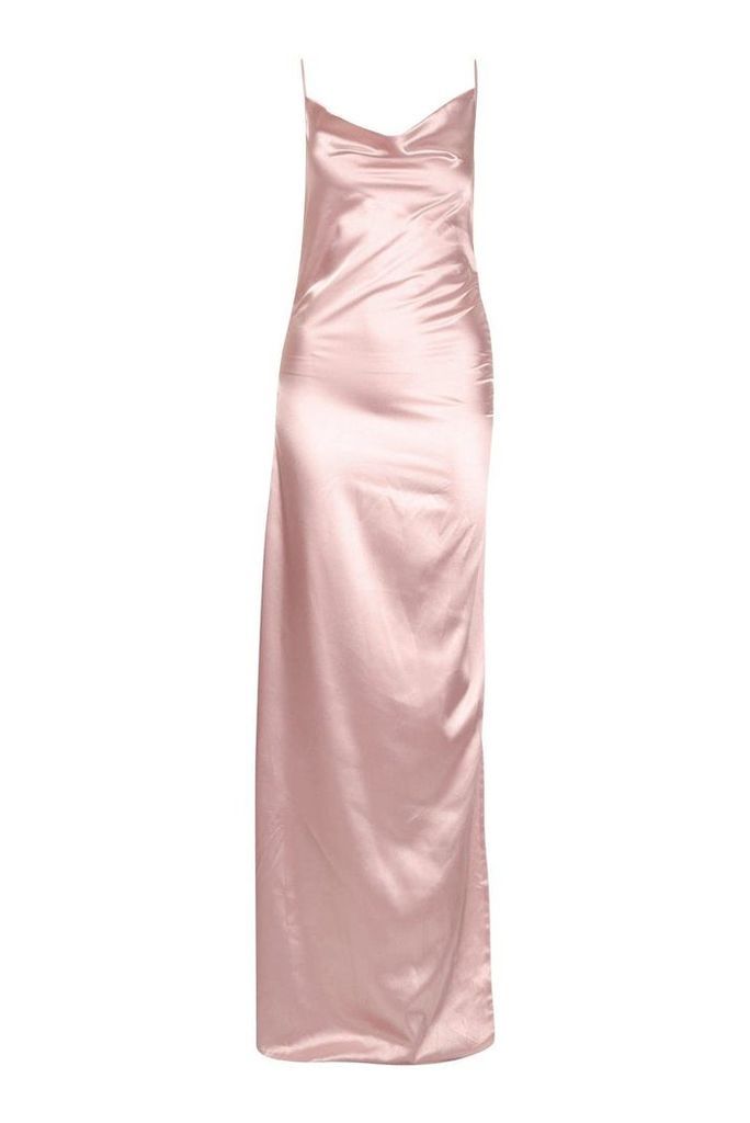 Womens Satin Cowl Neck Ruched Maxi Dress - pink - 16, Pink