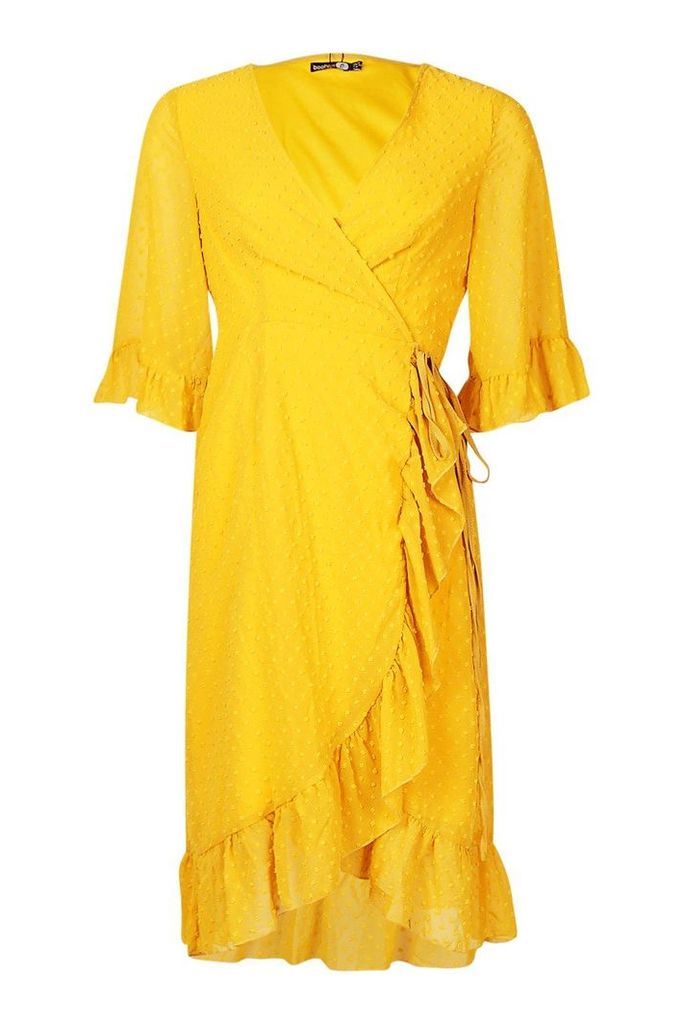 Womens Dobby Chiffon Wide Sleeve Midi Wrap Dress - yellow - 8, Yellow