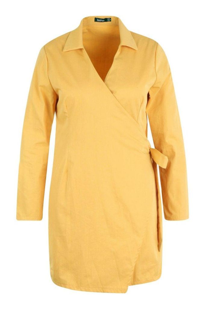 Womens Plus Wrap Belted Shirt Dress - yellow - 18, Yellow
