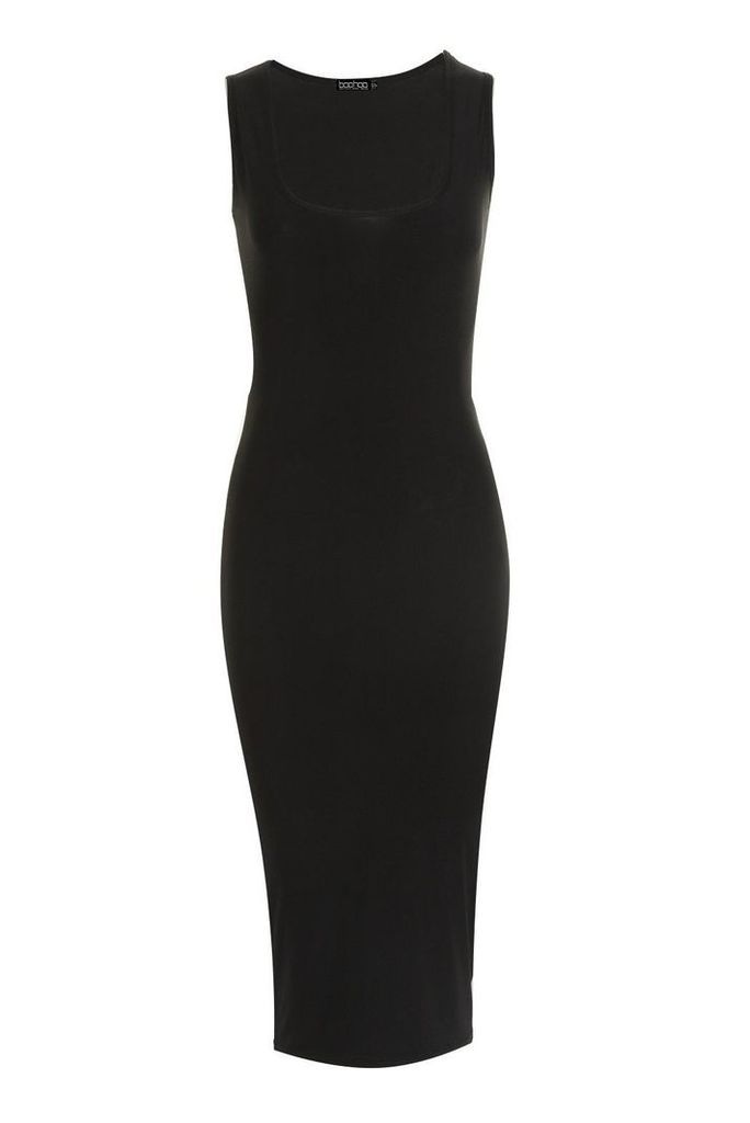 Womens Petite Scoop Neck Slink Midi Dress - black - 4, Black