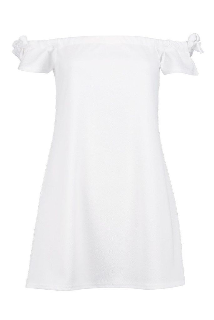 Womens Petite Lacy Off The Shoulder Tie Sleeve Shift Dress - white - 6, White