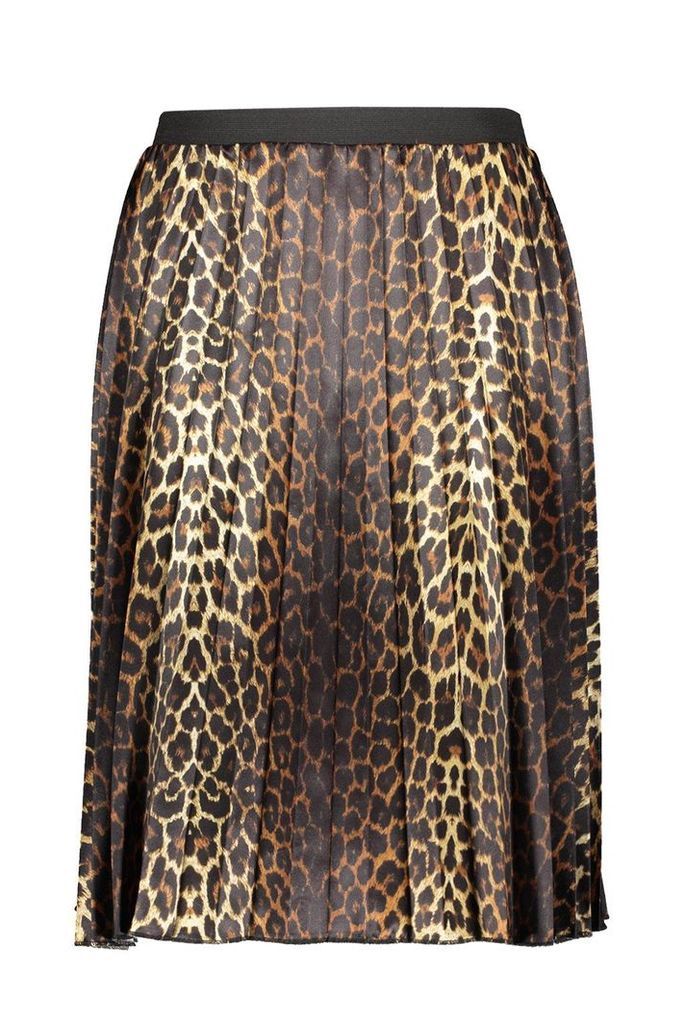 Womens Plus Satin Leopard Print Midi Skater Skirt - brown - 28, Brown
