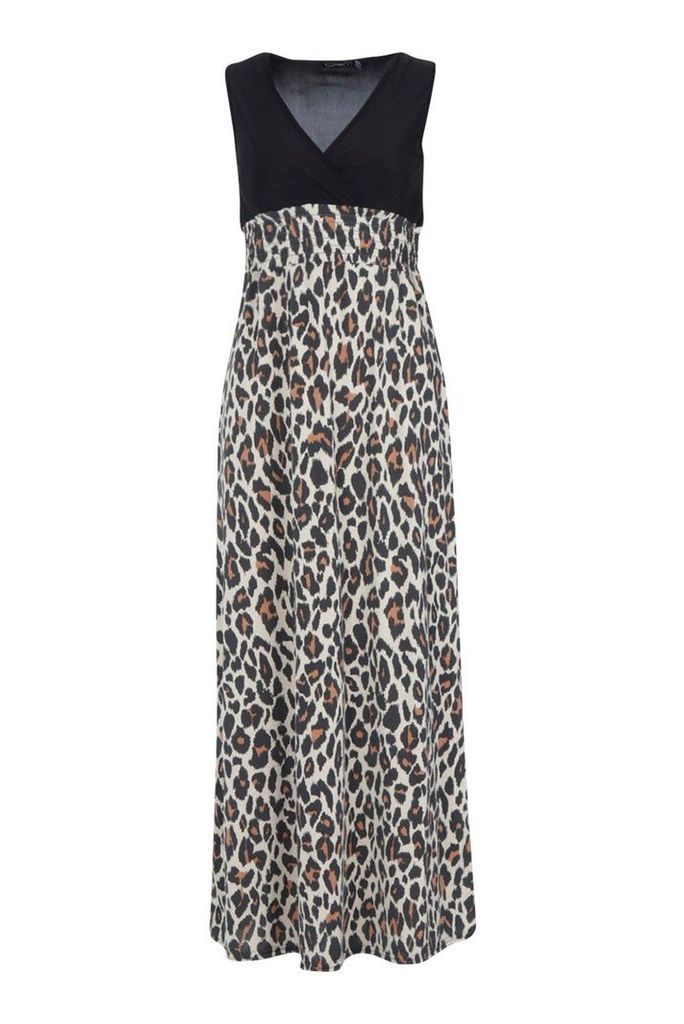 Womens Petite Leopard Print Maxi Dress - black - 4, Black