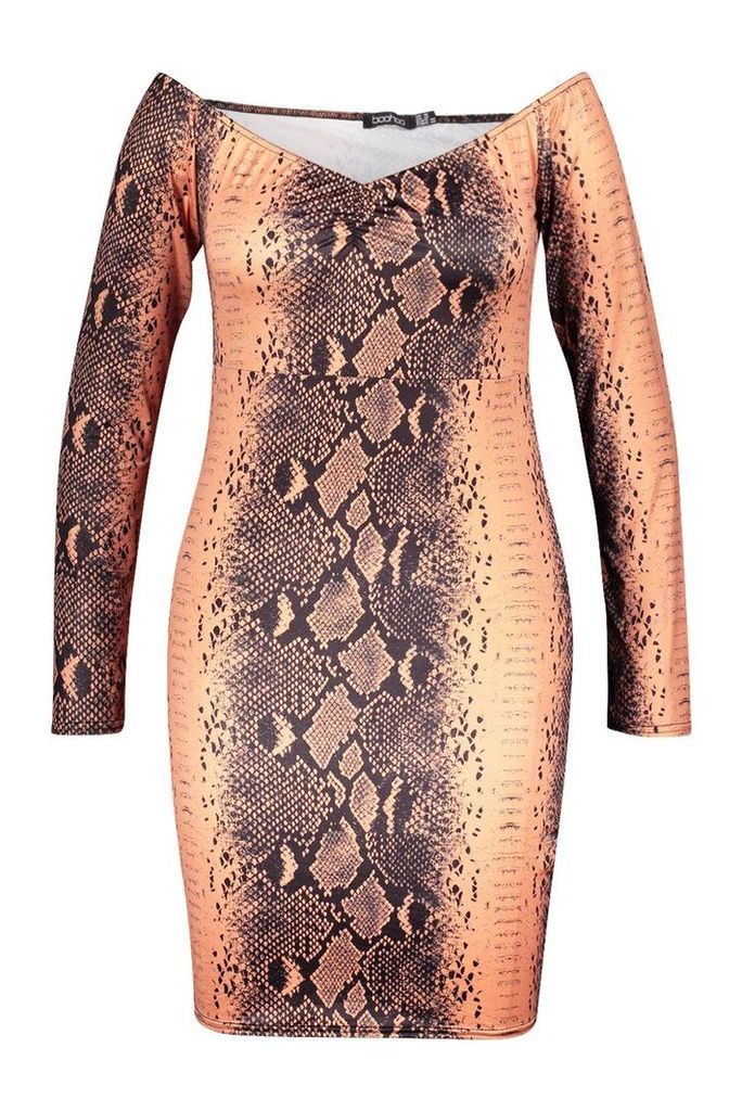 Womens Plus Snake Print Off The Shoulder Bodycon Dress - brown - 22, Brown