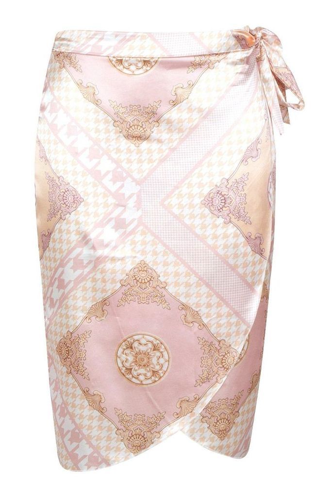 Womens Plus Satin Scarf Print Wrap Tie Midi Skirt - Pink - 22, Pink