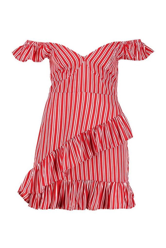 Womens Petite Stripe Frill Detail Mini Dress - red - 12, Red