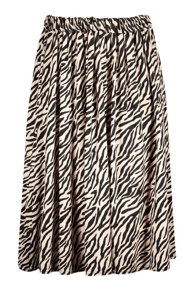 Womens Plus Zebra Print Midi Skater Skirt - beige - 28, Beige