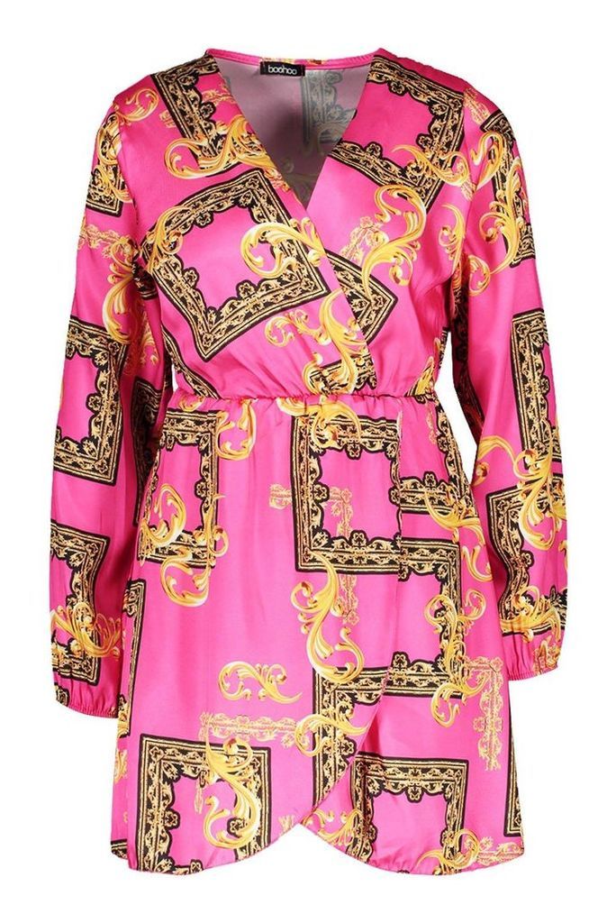Womens Petite Wrap Chain Print Dress - Pink - 14, Pink