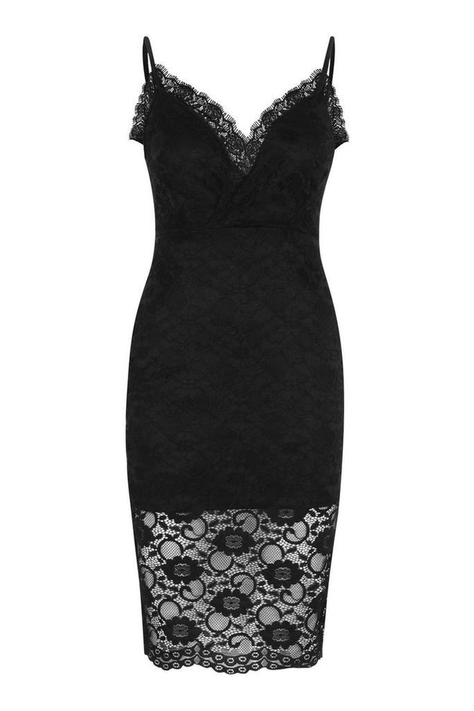 Womens Petite Lace Plunge Midi Dress - black - 6, Black