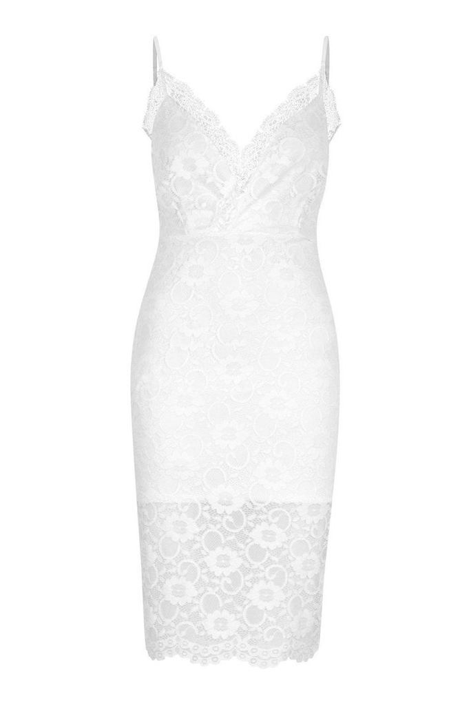 Womens Petite Lace Plunge Midi Dress - white - 6, White