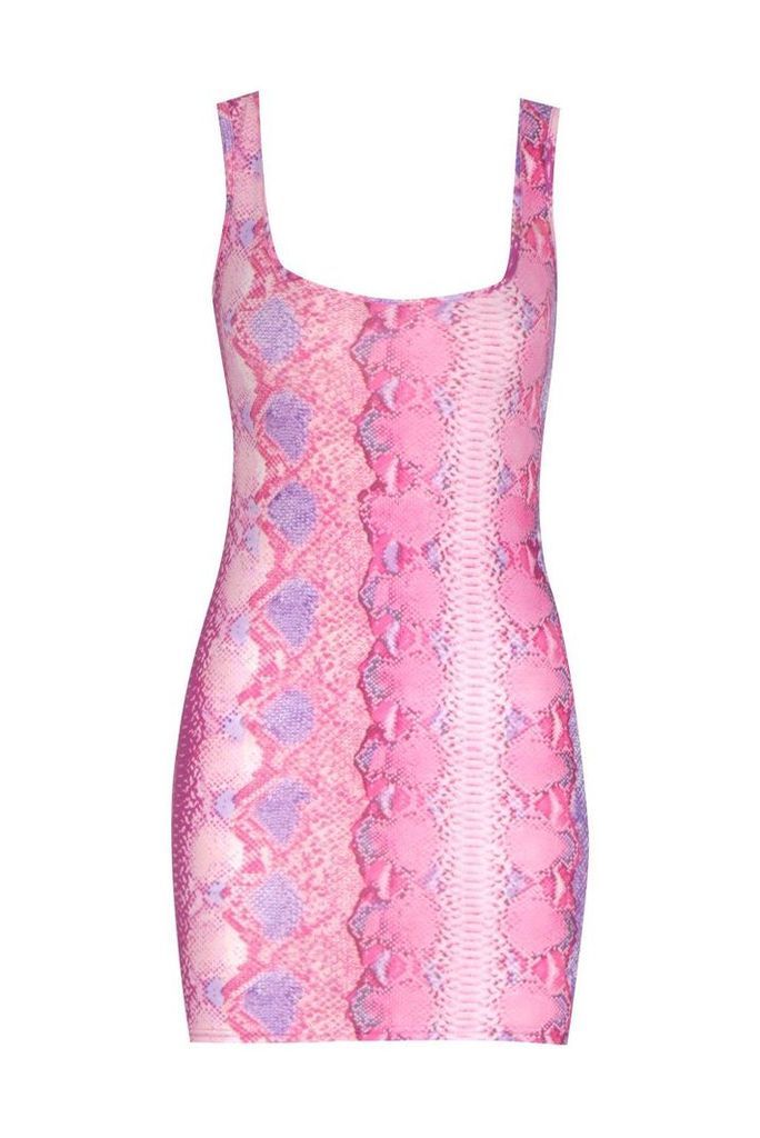 Womens Petite Snake Print Mini Bodycon Dress - Pink - 14, Pink