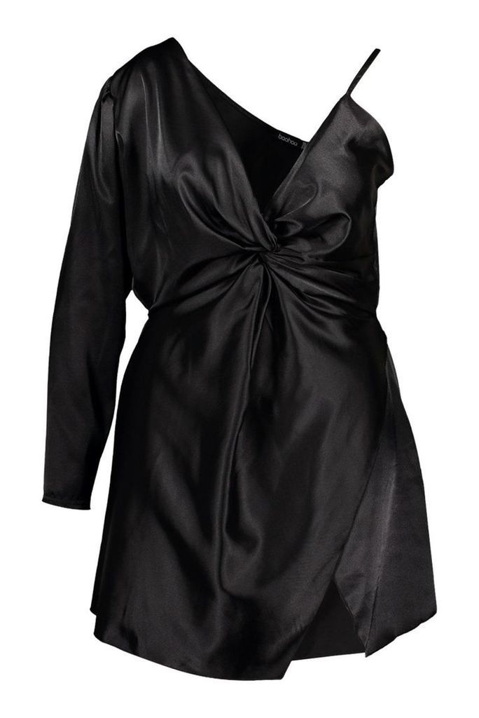 Womens Plus Satin One Shoulder Wrap Dress - black - 26, Black