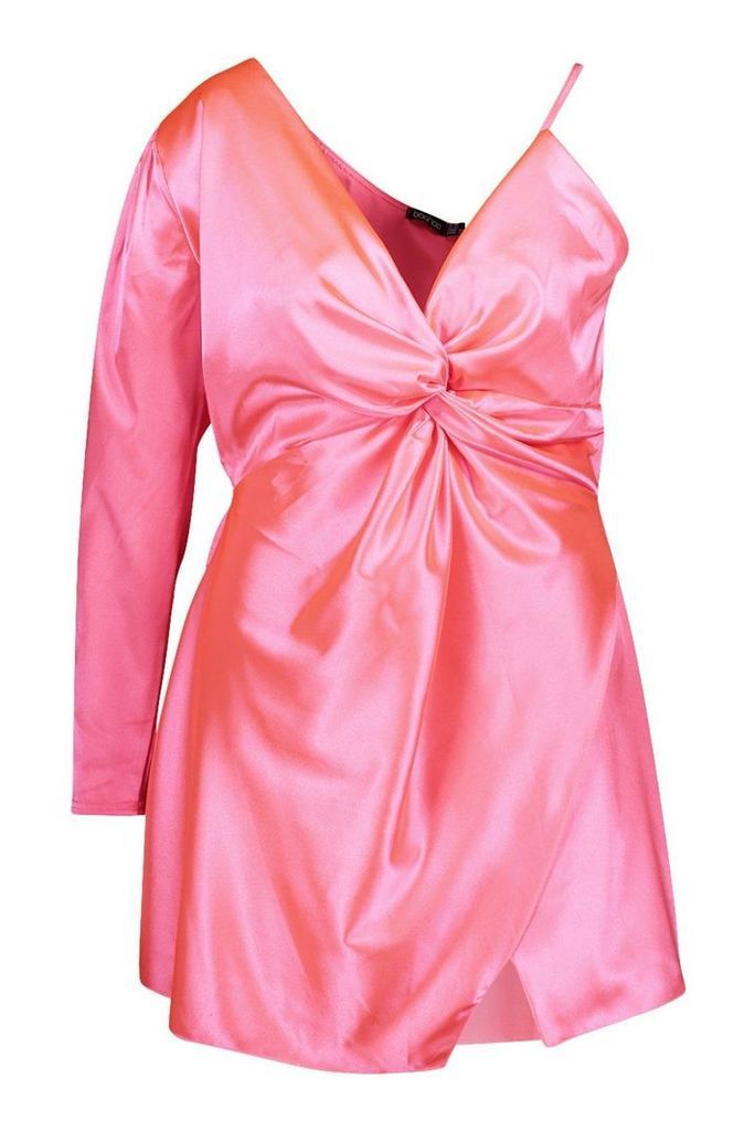 Womens Plus Satin One Shoulder Wrap Dress - pink - 26, Pink