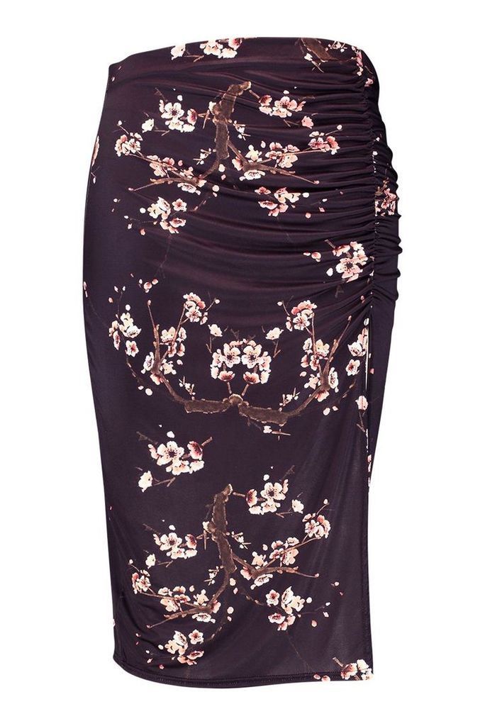 Womens Plus Slinky Cherry Blossom Ruched Split Midi Skirt - black - 22, Black