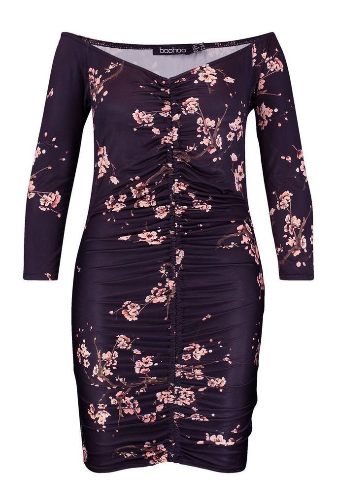 Womens Plus Slinky Cherry Blossom Rouched Mini Dress - black - 26, Black