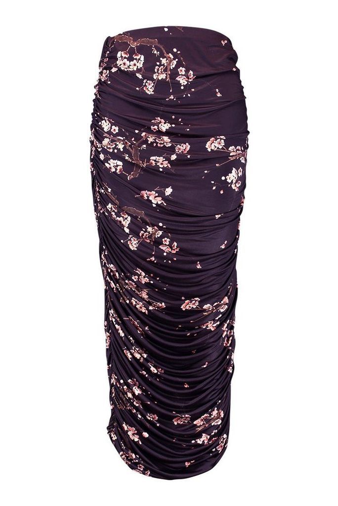 Womens Plus Slinky Cherry Blossom Ruched Midaxi Skirt - black - 24, Black