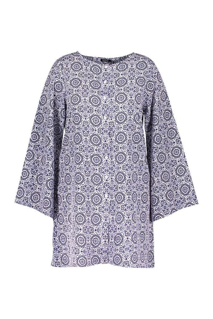 Womens Plus Printed Button Up Long Sleeve Smock Dress - blue - 18, Blue