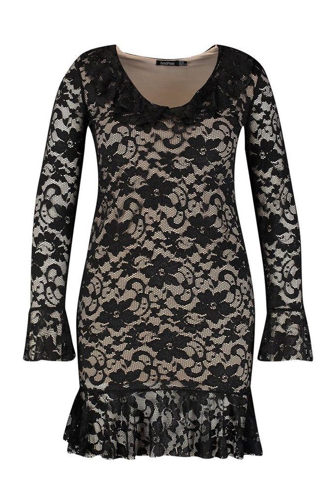 Womens Plus Lace Ruffle Bodycon Dress - black - 18, Black