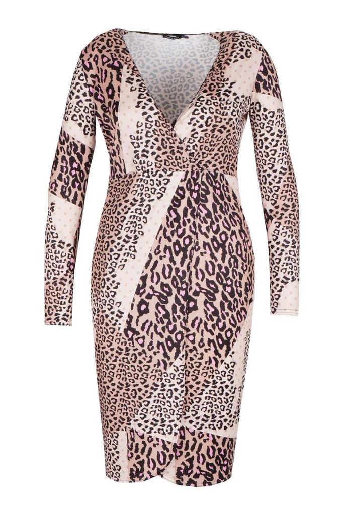 Womens Plus Slinky Mixed Leopard Wrap Midi Dress - brown - 26, Brown