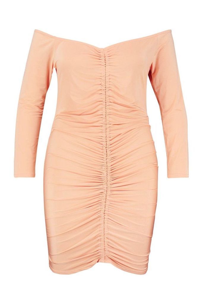 Womens Plus Off Shoulder Rouched Mini Dress - orange - 26, Orange