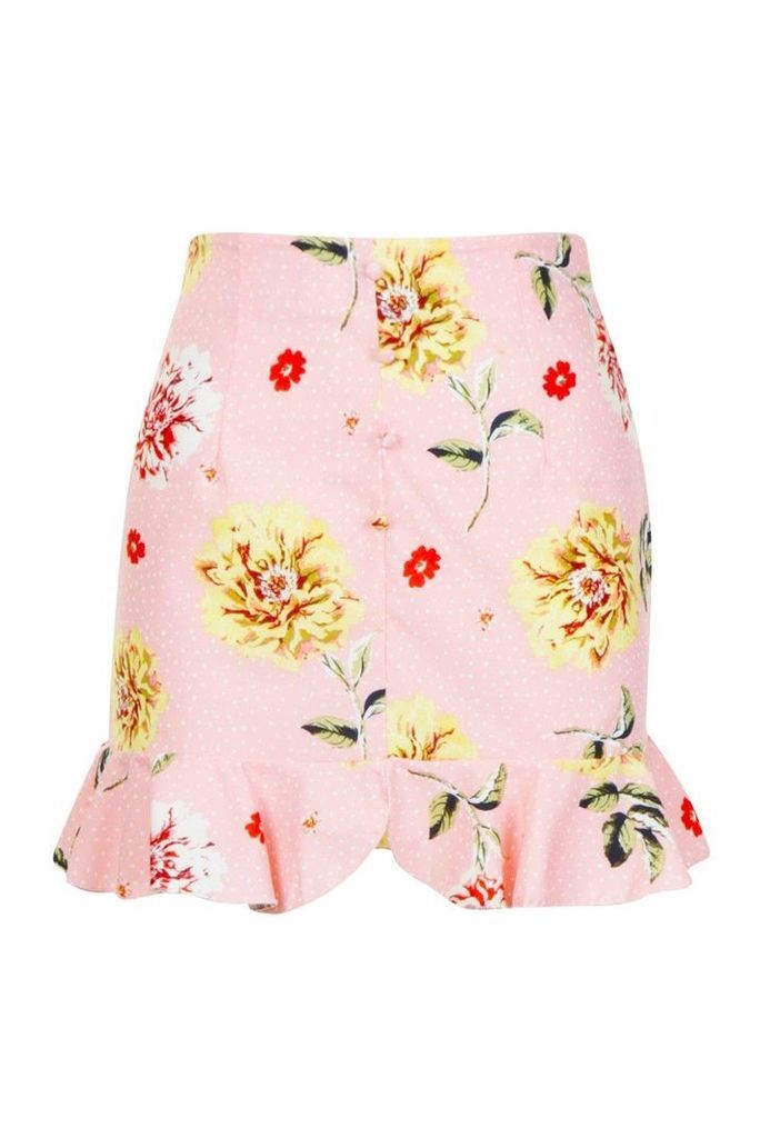 Womens Petite Woven Floral Frill Hem Skirt - Pink - 8, Pink