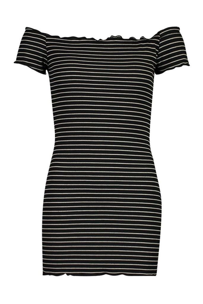 Womens Petite Rib Stripe Lettuce Hem Bardot Mini Dress - black - 14, Black