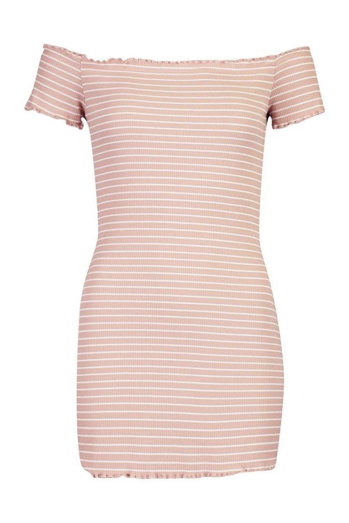 Womens Petite Rib Stripe Lettuce Hem Bardot Mini Dress - pink - 14, Pink