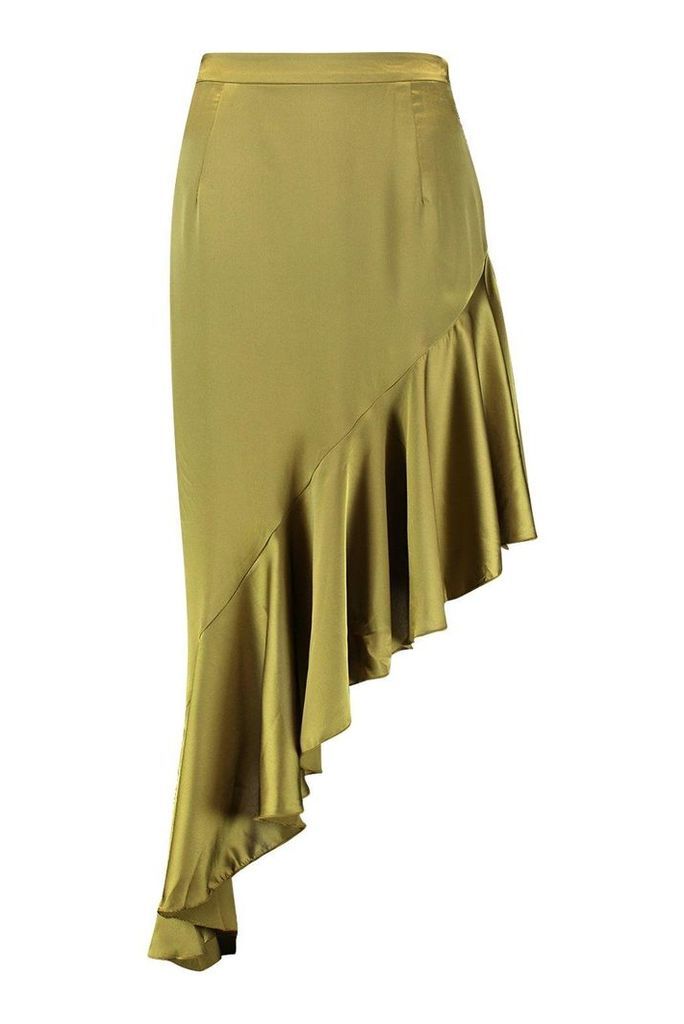 Womens Plus Satin Ruffle Asymmetric Midi Skirt - green - 18, Green