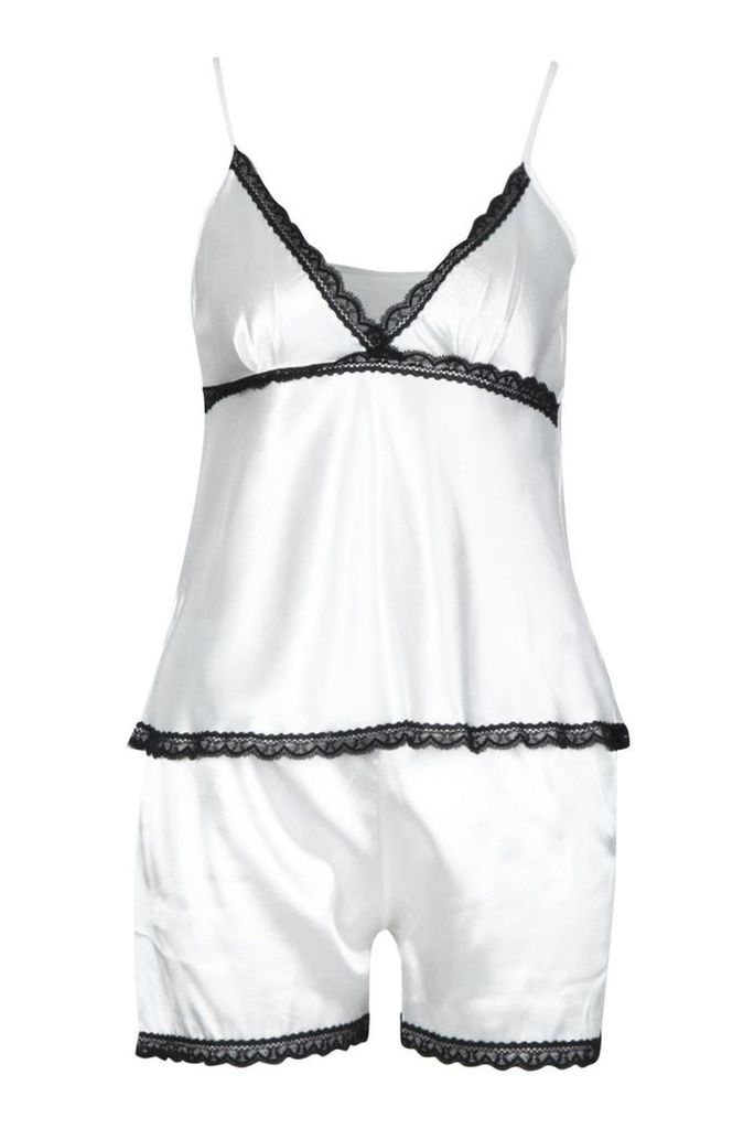 Womens Contrast Lace Trim Satin Short Set - white - XL, White