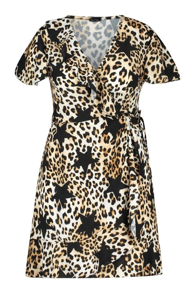 Womens Plus Satin Star Leopard Wrap Tea Dress - brown - 22, Brown