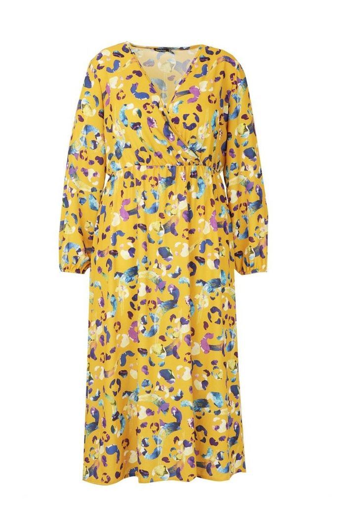 Womens Plus Leopard Print Wrap Midi Dress - beige - 20, Beige