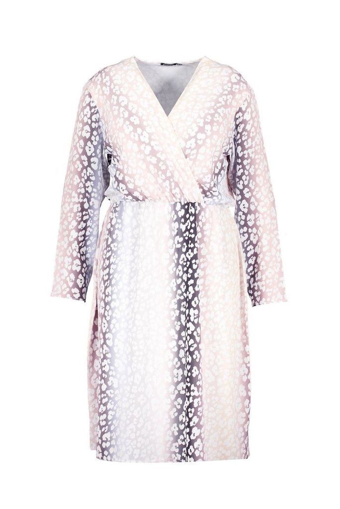 Womens Plus Ombre Leopard Wrap Midi Dress - pink - 24, Pink